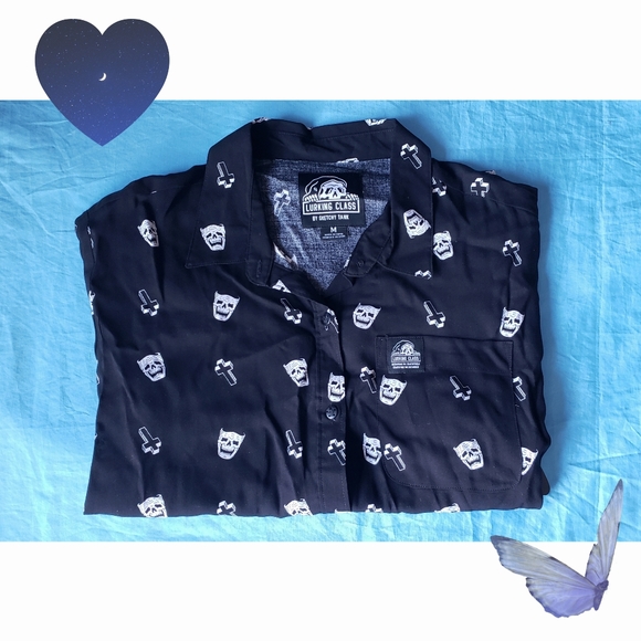 Lurking Class by Sketchy Tank Cry Print Black short sleeve button up shirt - Picture 1 of 5